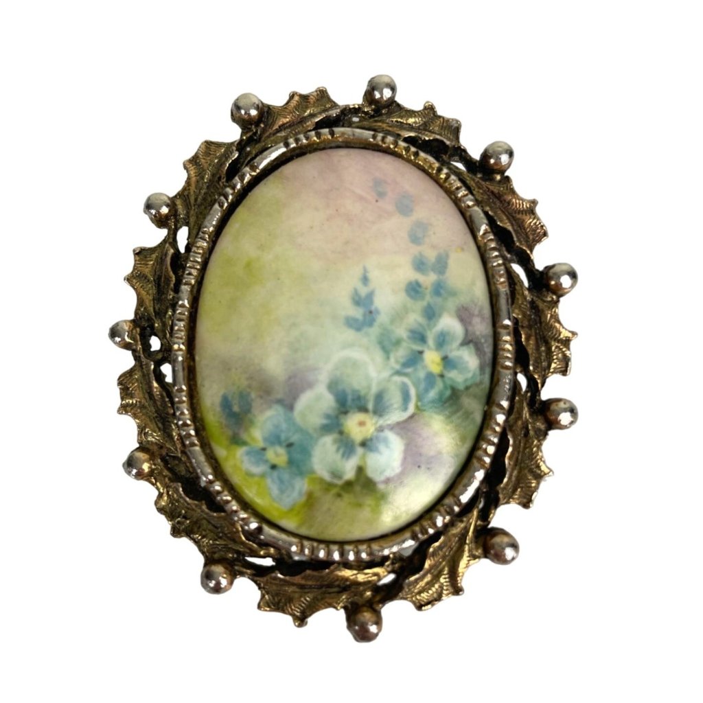 Hand Painted Porcelain Oval Floral Brooch, Jewelry, Pink, Blue, Gold